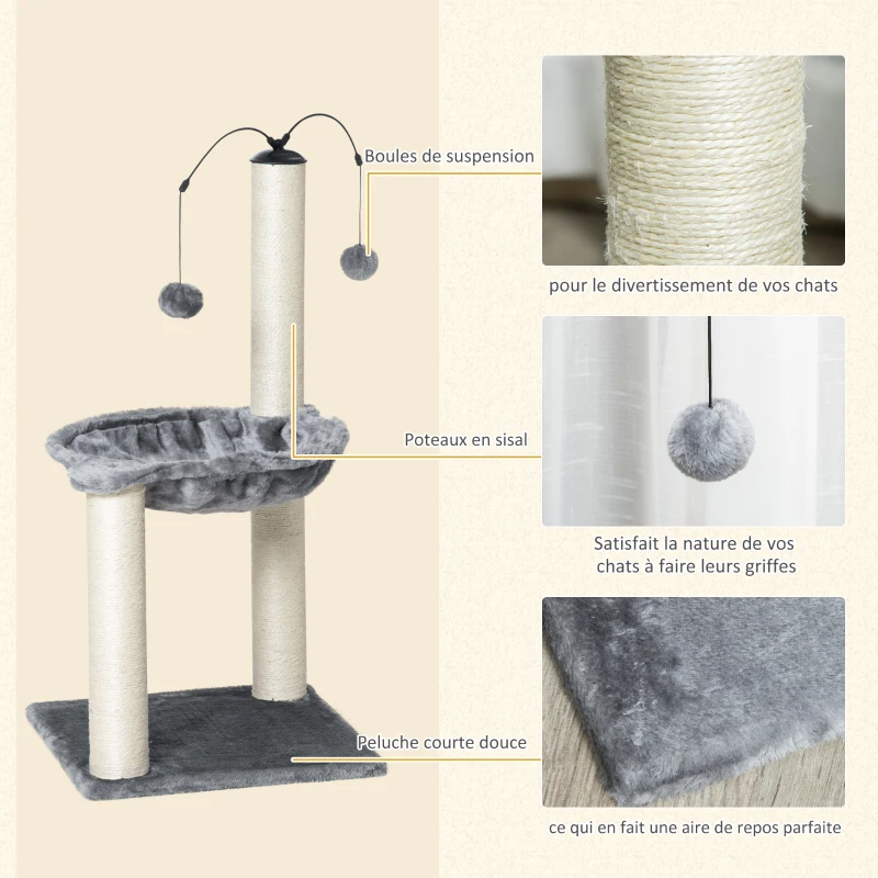 PawHut Arbre à chat 2 griffoirs grattoirs sisal naturel hamac jeu 2 boules suspendues peluche courte haute densité 400 g/m² gris