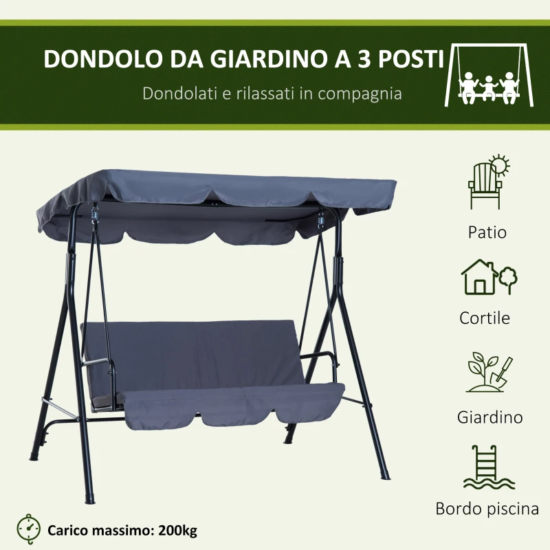 Outsunny Dondolo da Giardino a 3 Posti con Tettuccio Parasole Inclinabile in Acciaio 172 × 110 × 153cm Grigio