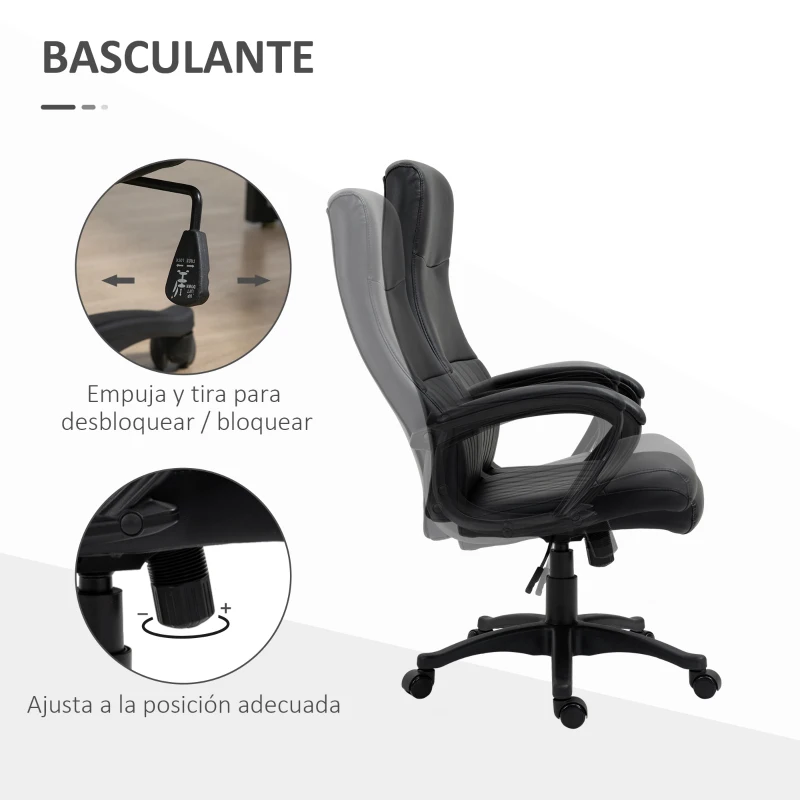 Vinsetto Silla de Oficina Ergonómica Silla de Escritorio Basculante y Giratoria 360° con Altura Ajustable Respaldo Alto y Reposabrazos Piel Sintética 61,5x66x113-123 cm Negro