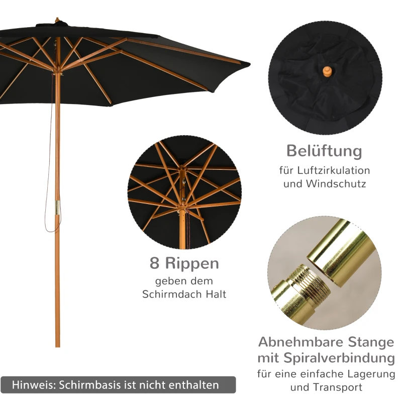 Outsunny Sonnenschirm Ø 300 cm, Sonnenschirm mit UV Schutz Balkonschirm aus Holz Strandschirm stabil Marktschirm Sonnenschutz für Strand Terrasse Garten, Schwarz
