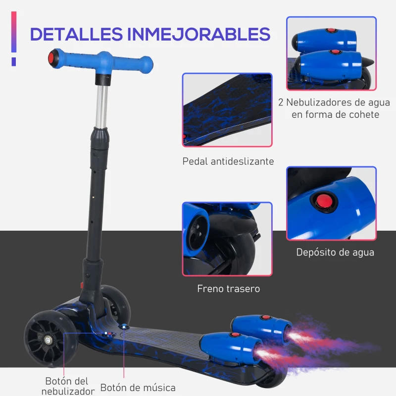HOMCOM Patinete para Niños Scooter Plegable con Altura Ajustable de 4 Niveles y Música Luces y Nebulizador de Agua +3 Años 62x27x63-81 cm Azul