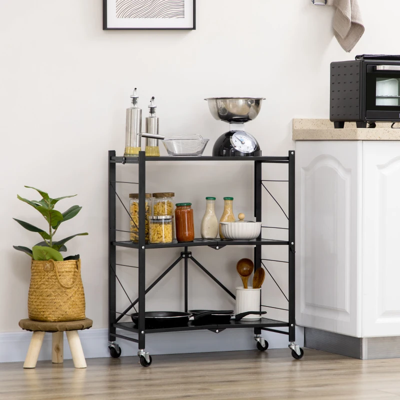 HOMCOM 3-Tier Storage Trolley Cart, Foldable Rolling Cart for Kitchen, Living Room and Bathroom, 68 x 34.5 x 85.5 cm, Black