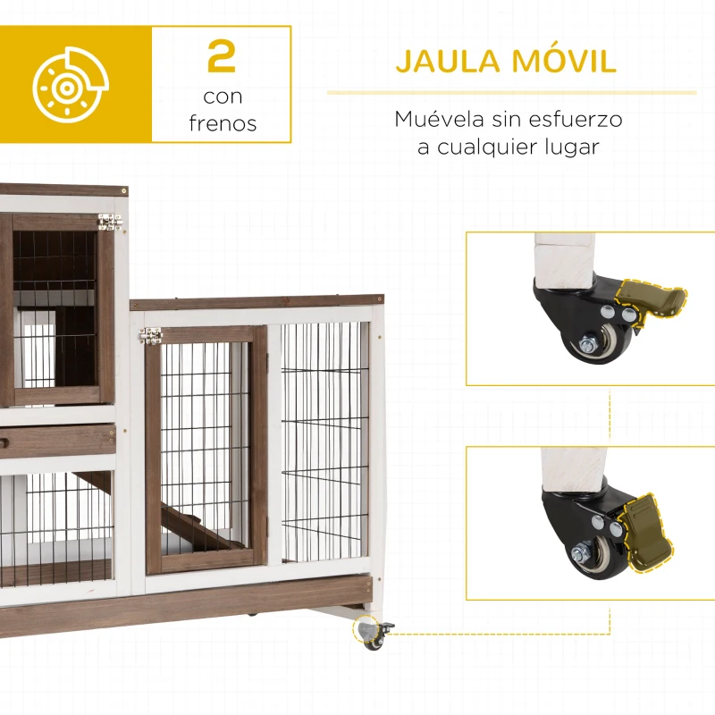 PawHut Conejera de Madera con Ruedas para Interior Jaula de 2 Pisos con Rampa y 2 Bandejas Extraíbles 110x50x88cm Marrón