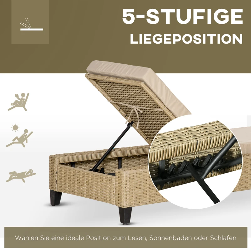 Outsunny Polyrattan Gartenliege mit Kissen Sonnenliege 5-stufig verstellbar Rattanliege Gartenmöbel Liege Stahl Khaki 72 x 198 x 30 cm
