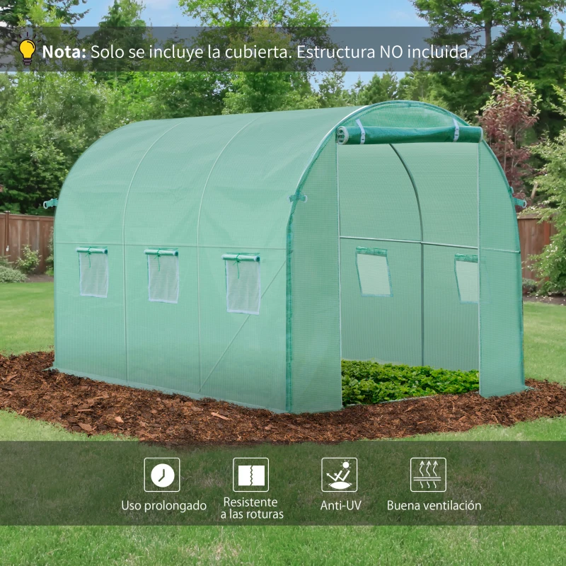 Outsunny Plásticos para Invernaderos 3x2x2 m Cubierta de Repuesto para Invernadero de Polietileno con 6 Ventanas y Puerta Enrollable Protección de Plantas para Jardín Verde