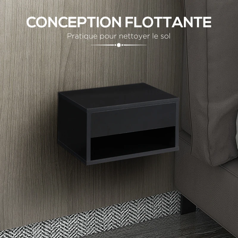 HOMCOM Lot de 2 tables de chevet murales table de nuit tiroir coulissant niche plateau en bois dim. 37L x 32l x 21H cm noir