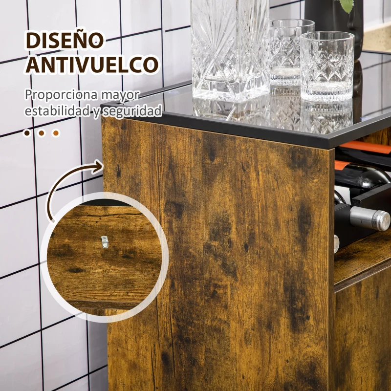 HOMCOM Aparador con Botellero para 4 Botellas con Encimera de Cristal Estilo Industrial 60x40x100 cm Marrón Rústico