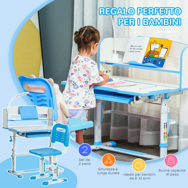 HOMCOM Banco Scuola per Bambini 6-12 Anni Regolabile con Luce LED, Leggio e Portapenne, in MDF, PP e Acciaio, Azzurro