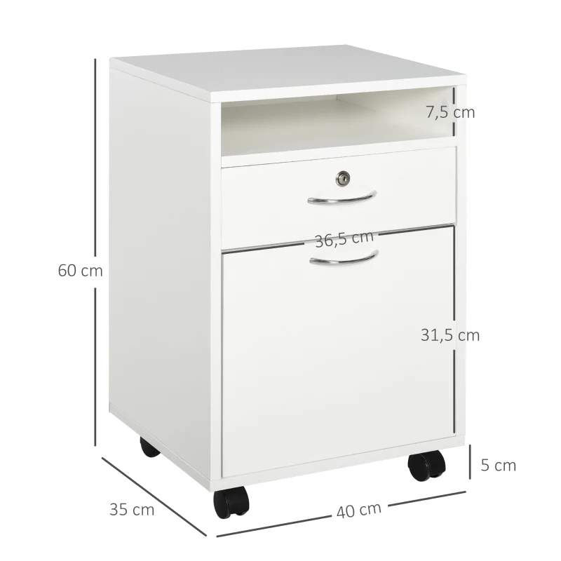 HOMCOM Cajonera de Oficina con Cajón con Cerradura y Armario con Ruedas Soporte de Impresora para Estudio 40x35x60 cm Blanco