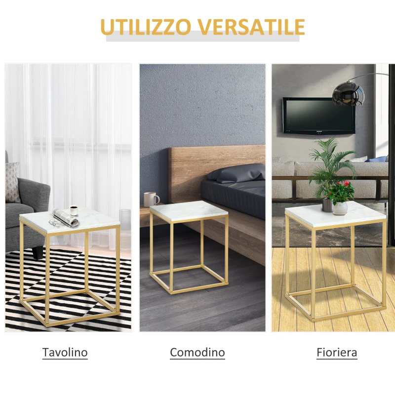Outsunny Tavolino da Caffè per Casa e Giardino in Metallo con Effetto Marmo, 40x40x50cm, Oro