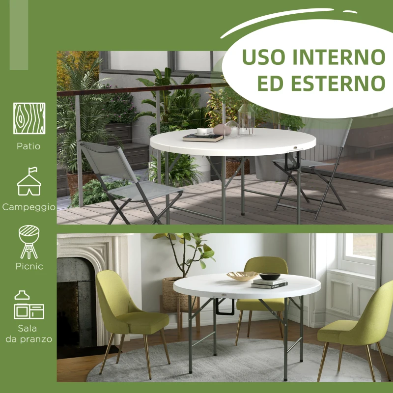 Outsunny Tavolo Pieghevole per Giardino e Campeggio, in Acciaio e HDPE, Ø122x73 cm, Grigio e Bianco