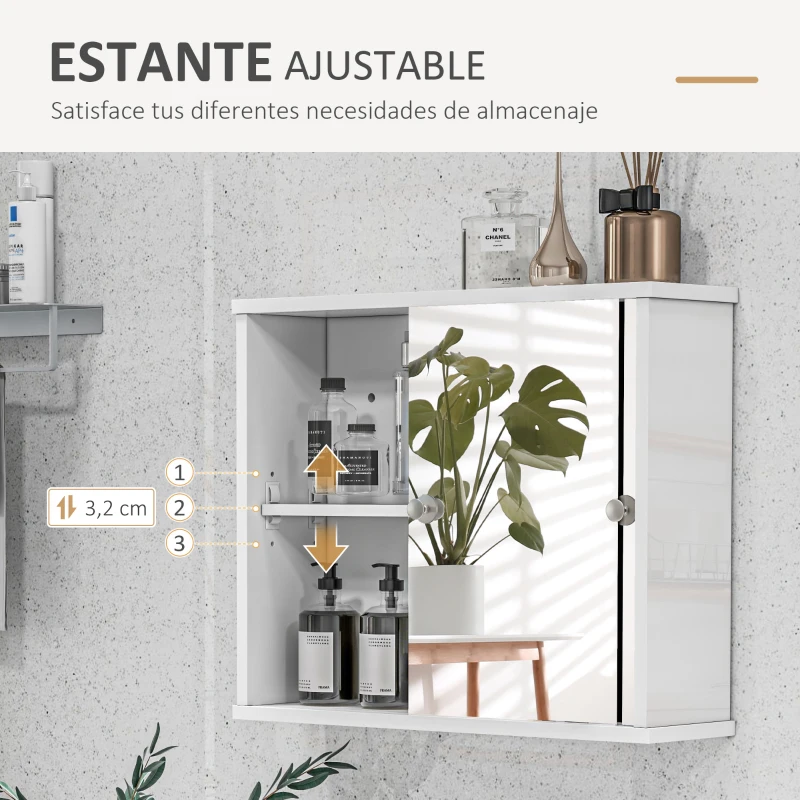 kleankin Armario con Espejo de Pared con Estante Ajustable y Puerta Corredera Doble para Lavabo 55x15x45 cm Blanco Brillante