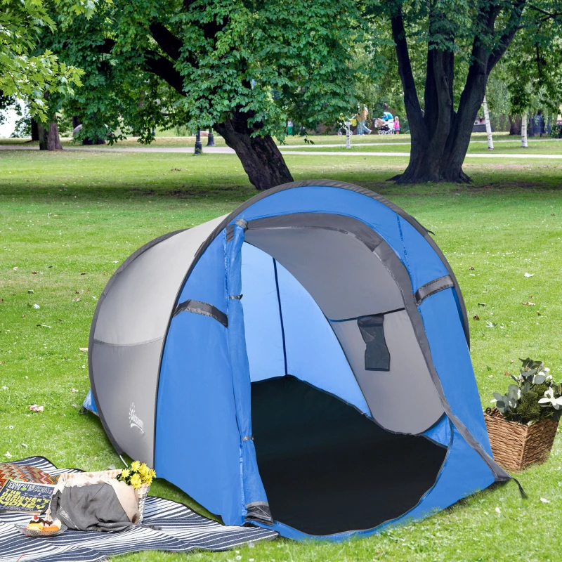 Outsunny Tente pop up montage instantané - tente de camping 2 pers.  - 1 porte + 2 fenêtres - dim. 2,2L x 1,08l x 1,1H m - fibre verre polyester bleu gris