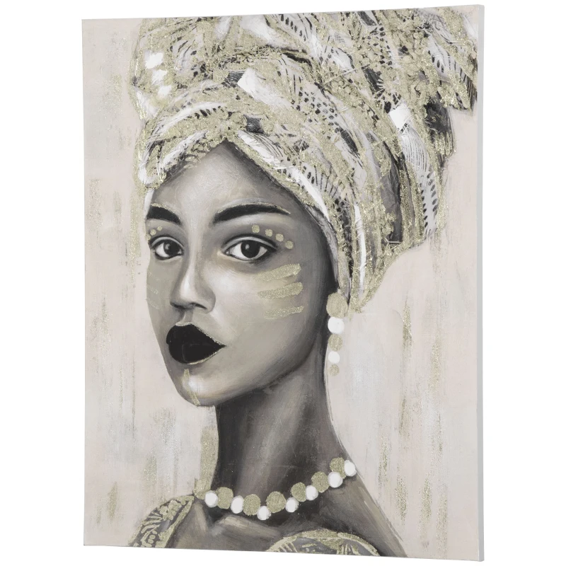 HOMCOM Gemälde 'Junge afrikanische Frau' mit Kieferholzrahmen 100 x 80 x 2,8 cm