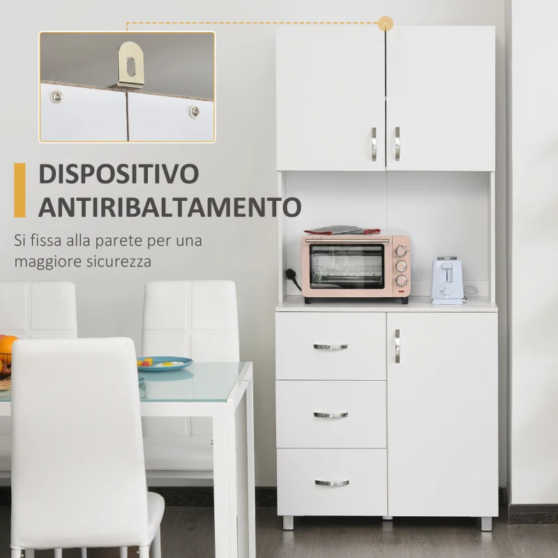 HOMCOM Credenza da Cucina e Soggiorno, Credenza Moderna in Legno Bianco, 2 Armadietti, Mensole Regolabili, 1 Ripiano Aperto e 3 Cassetti, 80x39.5x183.5cm