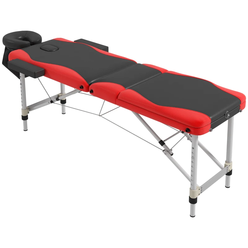 HOMCOM Foldable Massage Bed Portable Table, 3-Section Aluminium Foldable Beauty Couch, Professional Salon Spa Table with Headrest Support and Carry Bag, 60 cm Width, Black and Red