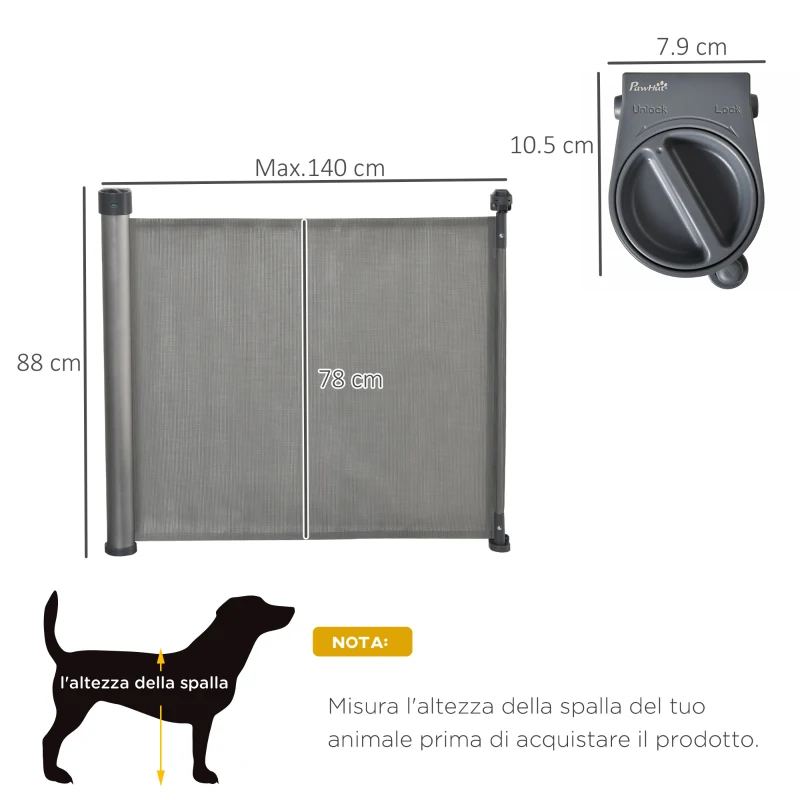 PawHut Cancelletto per Cani di Sicurezza per Cani Estensibile fino 140cm, Barriera Avvolgibile per Porte, Scale, Corridoi, Grigio