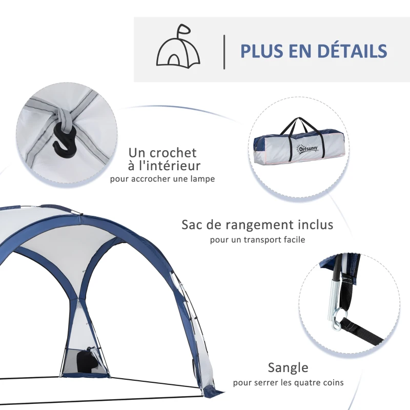 Outsunny Tente de camping dôme familiale pour 6-8 personnes avec 4 portes en filet zippées, tissu Oxford amovible, crochet pour lampe, sac de transport dim. 350L x 350l x 230H cm - blanc et bleu