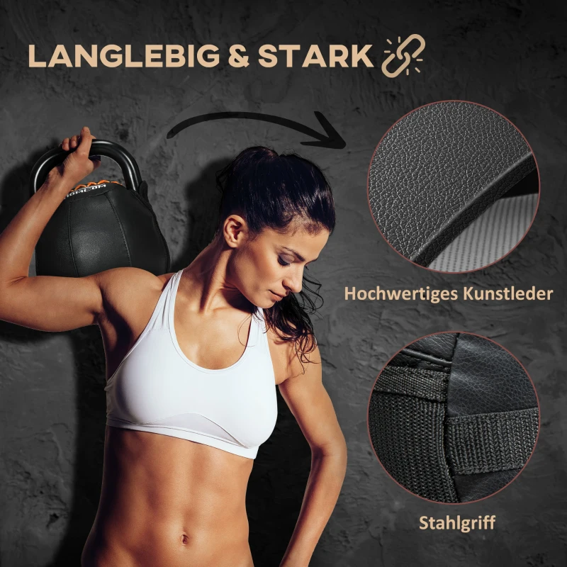 HOMCOM Kugelhantel, Kettlebell, 8 kg, flache Unterseite, Stahlgriff, Kunststoffkörper, schwarz, 20 x 20 x 24 cm