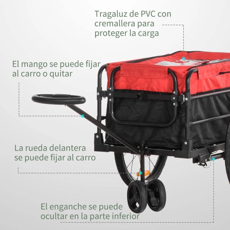 HOMCOM 2 en 1 Remolque de Bicicleta para Carga 40 kg Carro de Mano con Bandera Mango de Empuje Desmontable Marco de Acero y Reflectores 130x64x103 cm Negro y Rojo