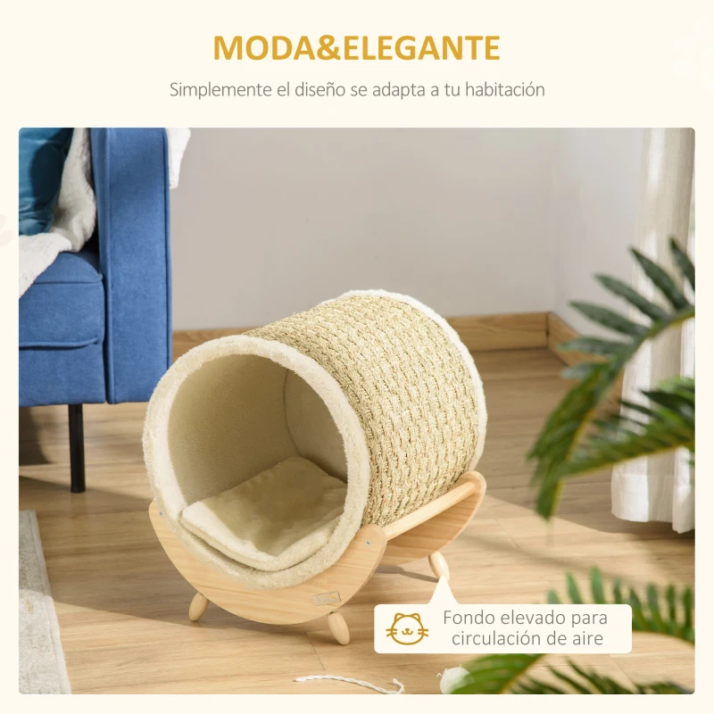 PawHut Cama Elevada para Gatos Cueva para Mascotas Tipo Barril con Superficie para Rascar y Cojín 41x38x43 cm Natural