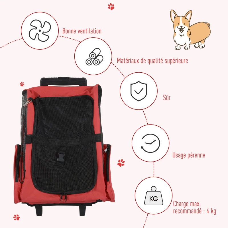 PawHut Sac de transport à roulettes pour chien 2 en 1 trolley chariot sac à dos pour chien chat avec poignée téléscopique, sacs de rangement, aérations, attache de sécurité, 42 x 25 x 55 cm, rouge