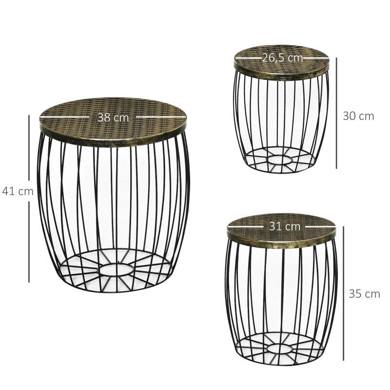 HOMCOM Lot de 3 Tables Basses gigognes Tables d'appoint Rondes encastrables Style néo-rétro métal Noir doré
