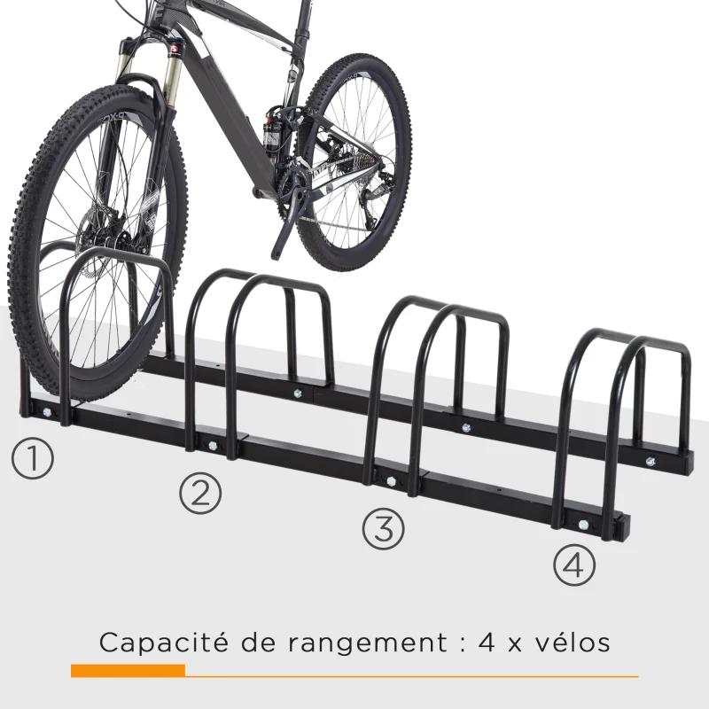 HOMCOM Râtelier 4 vélos range-vélos support de rangement pneu 65 mm sol ou mural pour VTT enfants BMX 110 x 33 x 27 cm acier noir