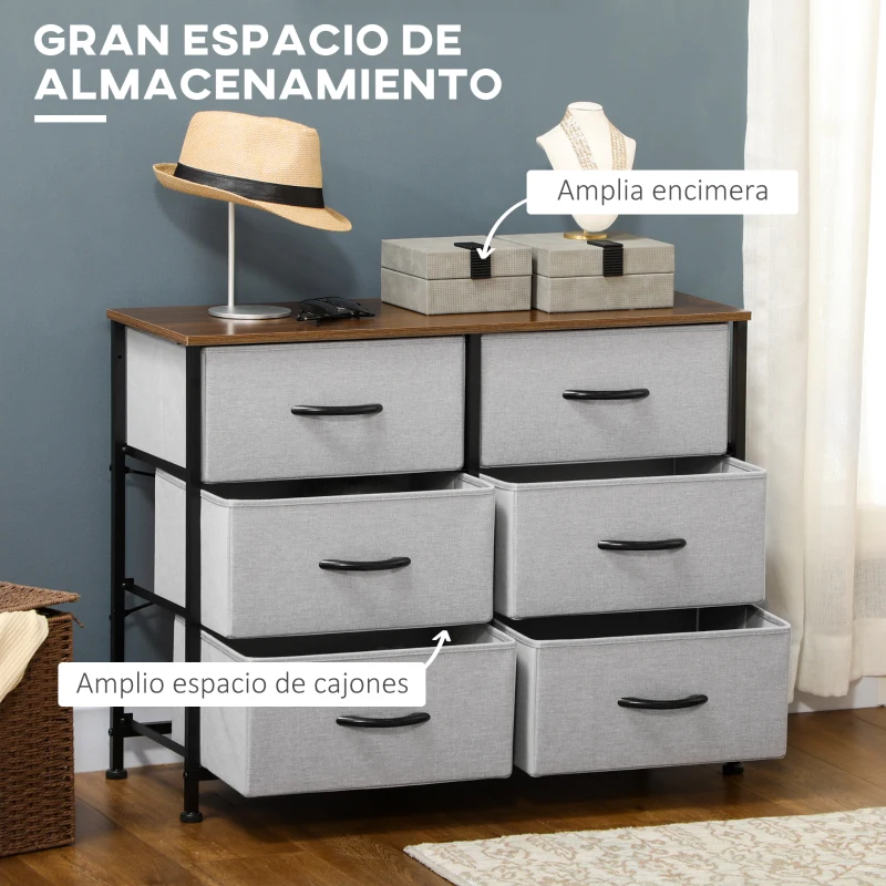 HOMCOM Cómoda Cajonera con 6 Cajones de Tela Plegable Marco de Acero y Almohadillas Ajustables 80x30x62,5 cm Gris y Marrón