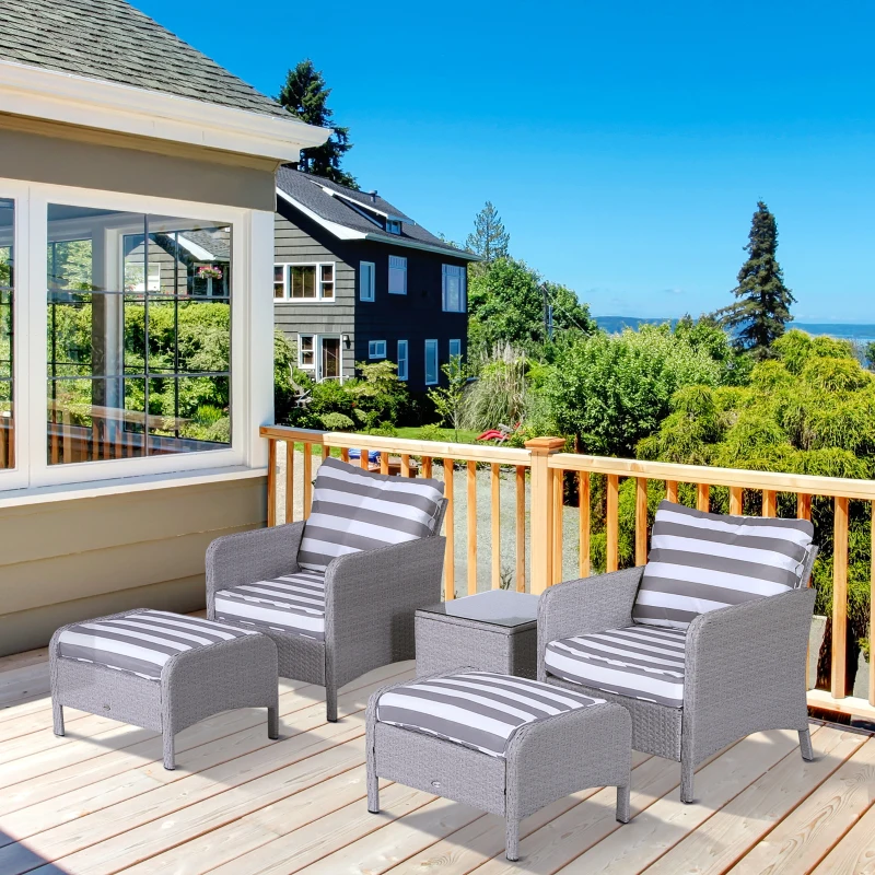 Outsunny 5 Pieces PE Rattan Garden Furniture Set with 10cm Thick Padded Cushions, Wicker Weave Outdoor Seating Chairs with 2 Armchairs, 2 Stools, Glass Top Table, Grey and White