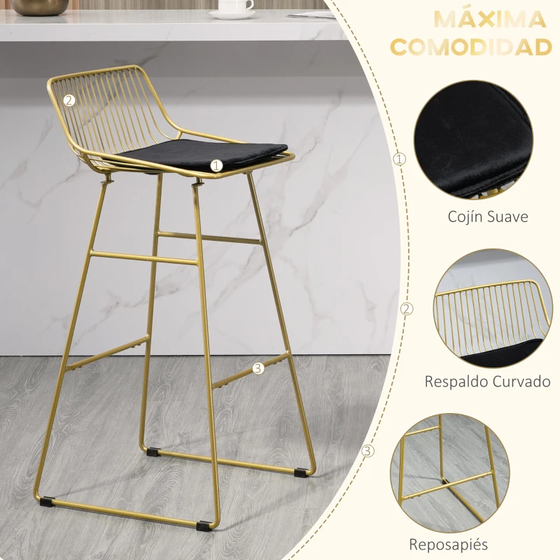 HOMCOM Conjunto de 2 Taburetes Altos de Cocina con Respaldo Cojín y Estructura de Acero Carga 120 kg para Bar Salón Dorado