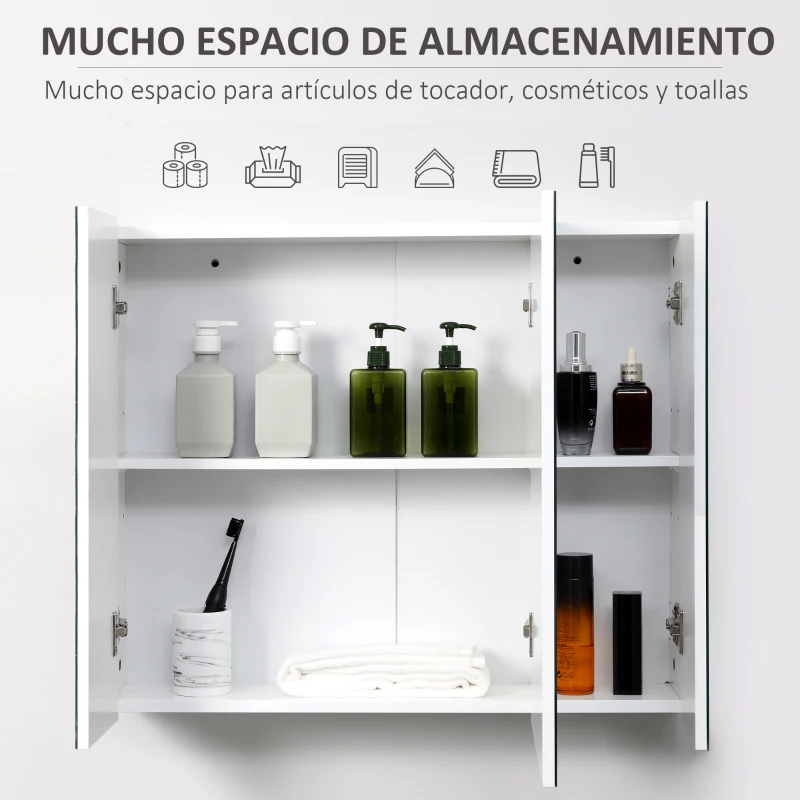 kleankin Mueble de Baño con Espejo Mueble de Pared para Baño con 3 Puertas y Estantes Internos Ajustables 70x15x60cm Blanco