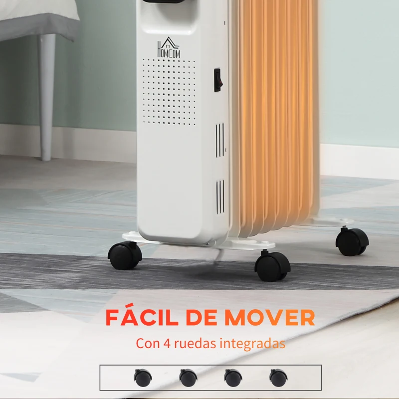 HOMCOM Radiador de Aceite 2180W Calefactor de Aceite 3 Modos con 9 Elementos Pantalla LED Control Táctil Termostato Temporizador 24H y Ruedas Superficie 20 m² 42,5x24x63 cm Blanco