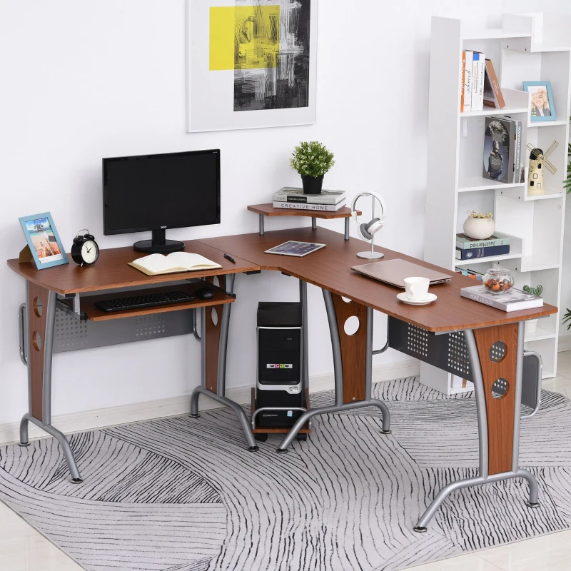 HOMCOM L-Shaped Corner Work Desk Gaming Office w/ Steel Frame CPU Rack Keyboard Tray Space-Saving Melamine Coating Computer Home Workstation Brown