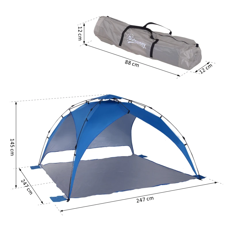 Outsunny Tente de plage abri de plage XXL pliable dim. 2,47L x 2,47l x 1,45H m sac transport inclu polyester bleu marine