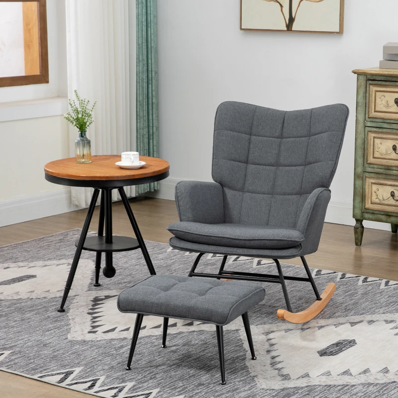HOMCOM Schaukelstuhl mit Hocker, komfortabel, bis 130 kg, Leinenoptik, 64x89x90cm, Grau(m-2)