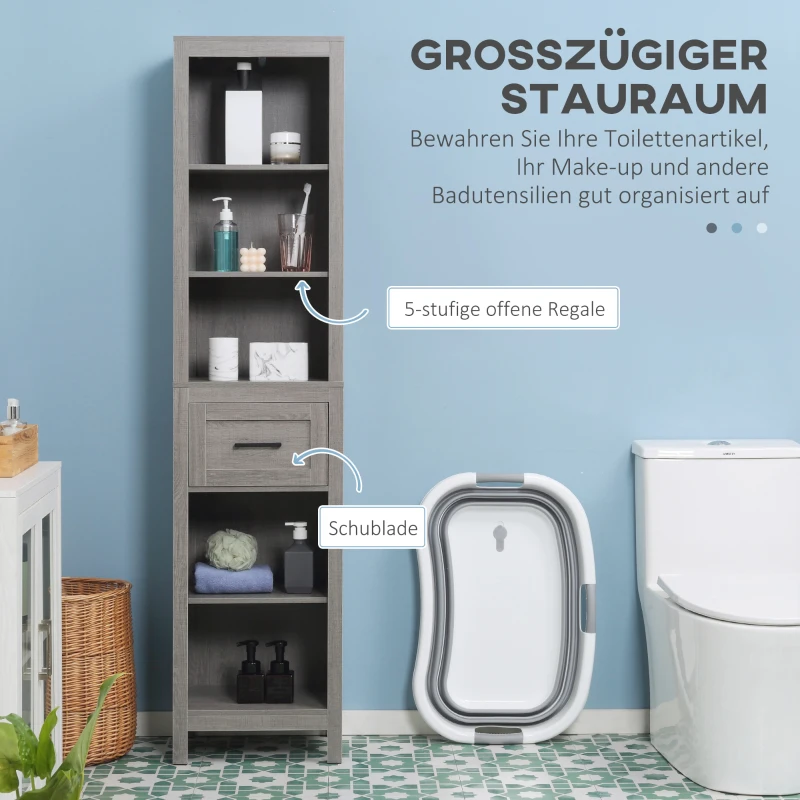 kleankin Columna de Baño Armario Alto con 1 Cajón y Estantes Abiertos Mueble Auxiliar de Almacenaje 42x30x170 cm Gris