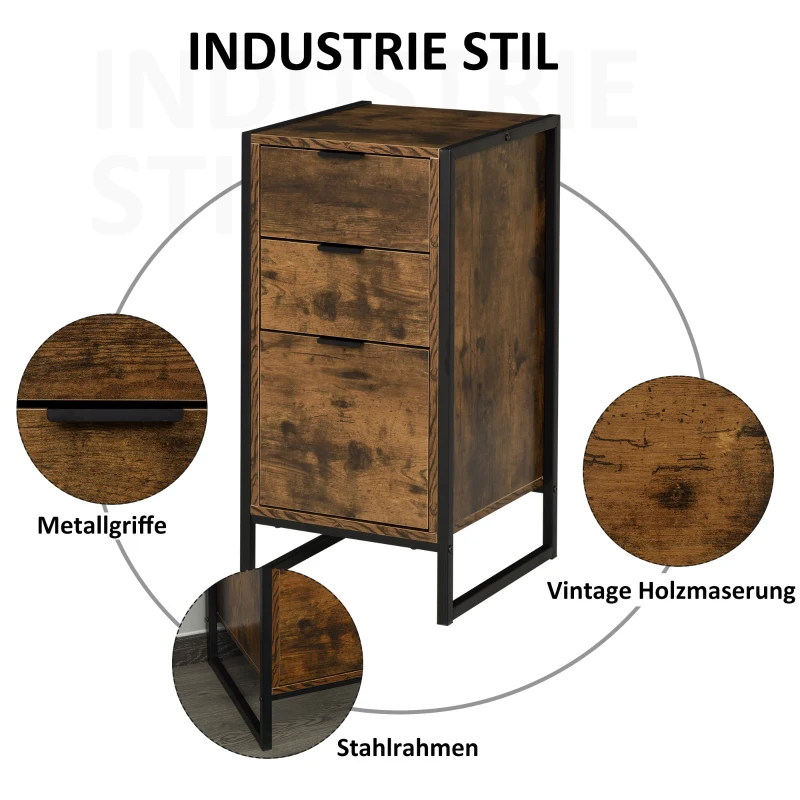HOMCOM Kommode mit 3 Schubladen, Schubladenschrank in Industrie Stil, Beistellschrank, Büroschrank, Metall, 39 x 40 x 76,5 cm