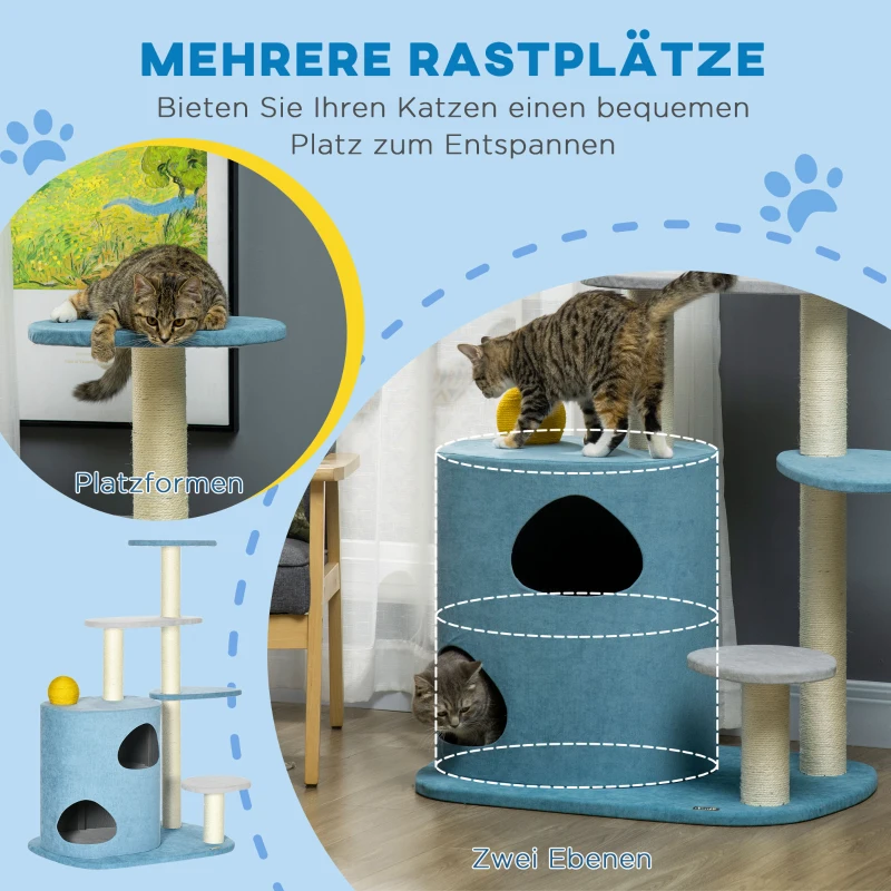 PawHut Kratzbaum mit Kratztonne inkl. Kratzball für Katzen, 87 cm x 60 cm x 122 cm, Blau + Grau + Gelb