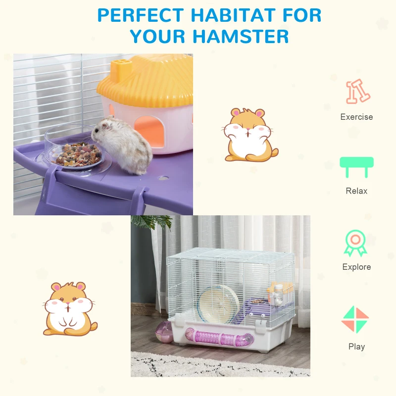 PawHut 2 Tier Hamster Cage Gerbil Rodent House Small Animal Habitat with Exercise Wheels Tunnel Tube Water Bottle Dishes Ladder, White