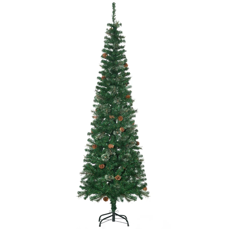 HOMCOM Árbol de Navidad 195 cm de 556 Ramas Árbol de Navidad Estrecho Forma de Lápiz con 25 Piñas Base Plegable Verde