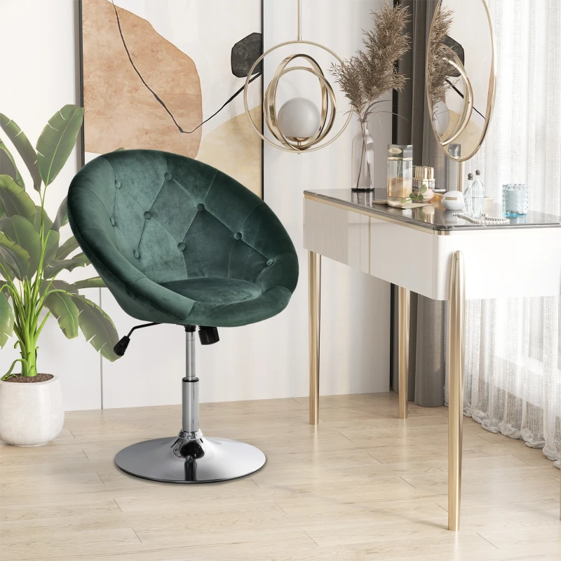 HOMCOM Swivel Dressing Stool, Velvet-feel Upholstered Vanity Chair, Adjustable Height Tub Makeup Chair with Button Tufting and Thick Padding for Bedroom, Green