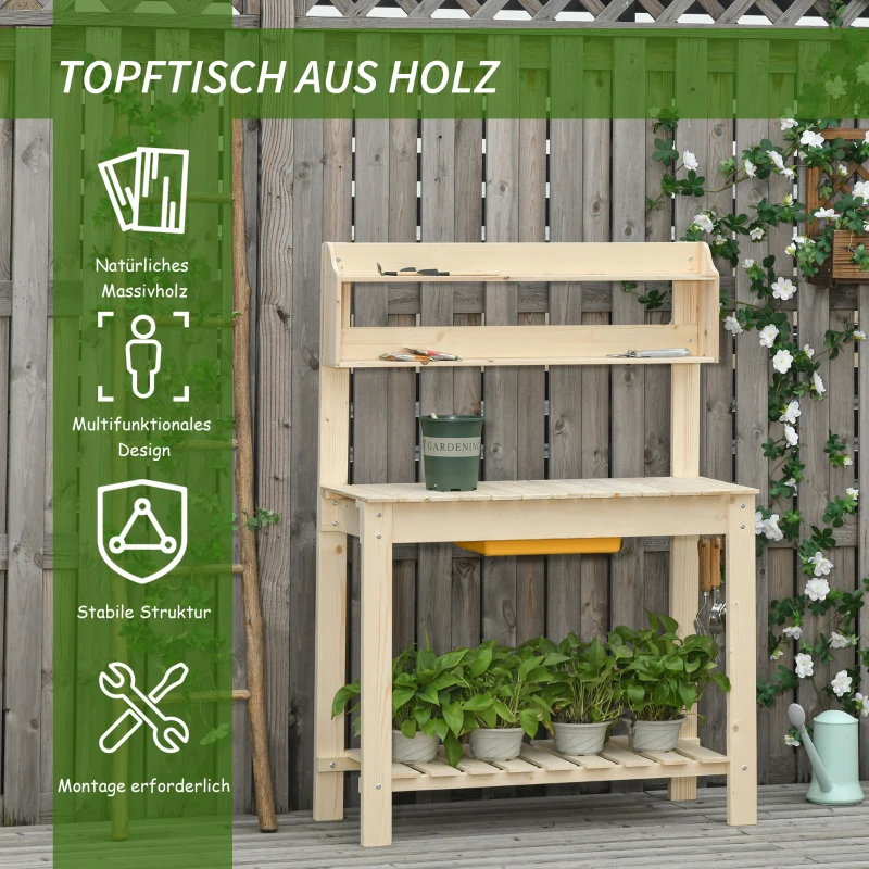 Outsunny Pflanztisch mit Haken Gärtnertisch Blumentisch aus Tannenholz Kunststoff für Garten Terrasse verstellbare Arbeitsfläche Natur 100 x 40 x 140 cm