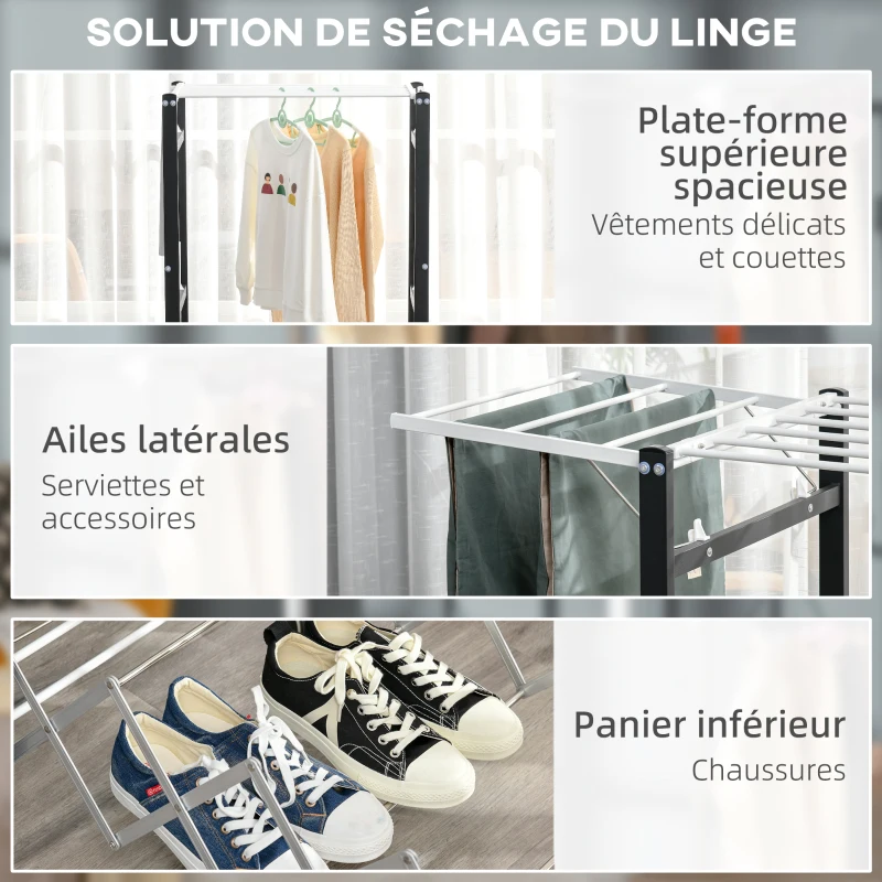 HOMCOM Séchoir à linge étendoir à vêtements pliable réglable avec 4 roulettes - grand capacité - 157,5 x 54 x 101 cm