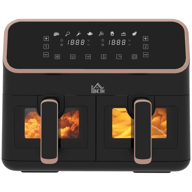 HOMCOM 8L Dual Basket Air Fryer, 80-200℃, with Sync Function - Black/Gold Tone