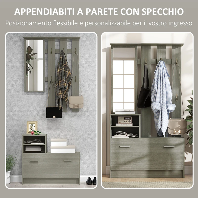 HOMCOM Set Mobili da Ingresso con Appendiabiti, Specchio, Panca con Scaffale e Scarpiera per 8 Paia di Scarpe, Grigio