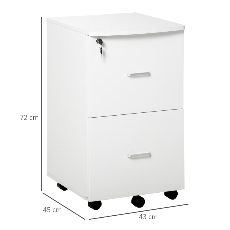 Vinsetto Armadietto da Ufficio con 2 Cassetti e 5 Ruote, Schedario in MDF e Truciolato, 43x45x72 cm, Bianco