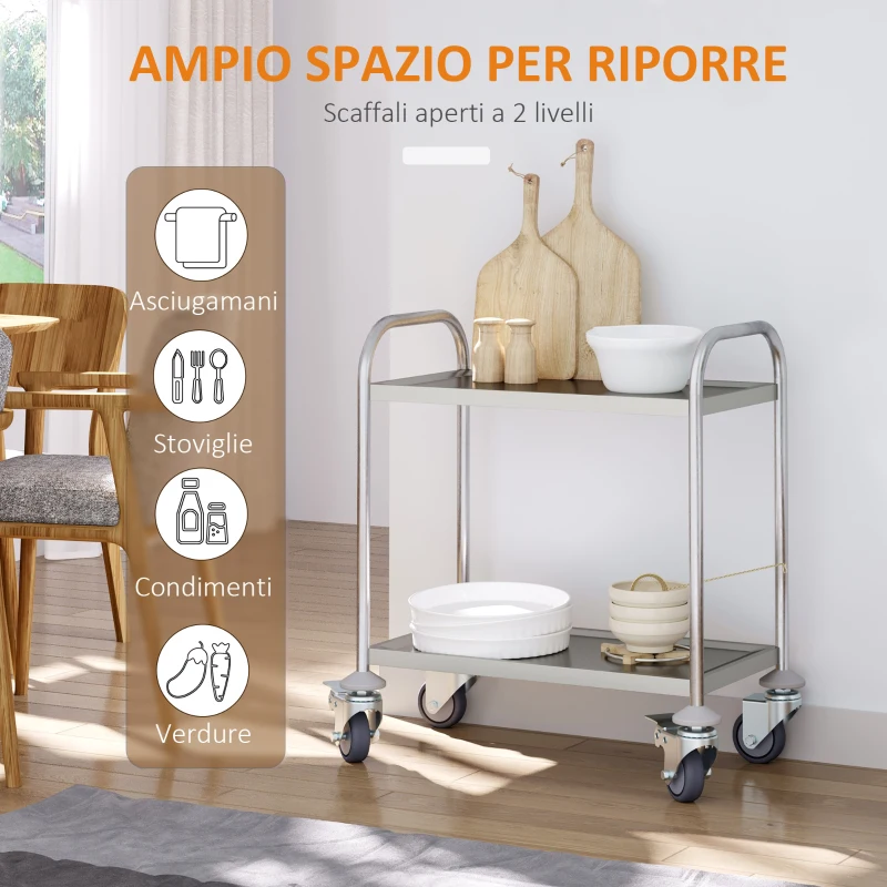HOMCOM Carrello Cucina 2 Ripiani, Carrello con Ruote Portatutto, Carrello Portavivande in Acciaio Inox, 80x45x82cm, Argento