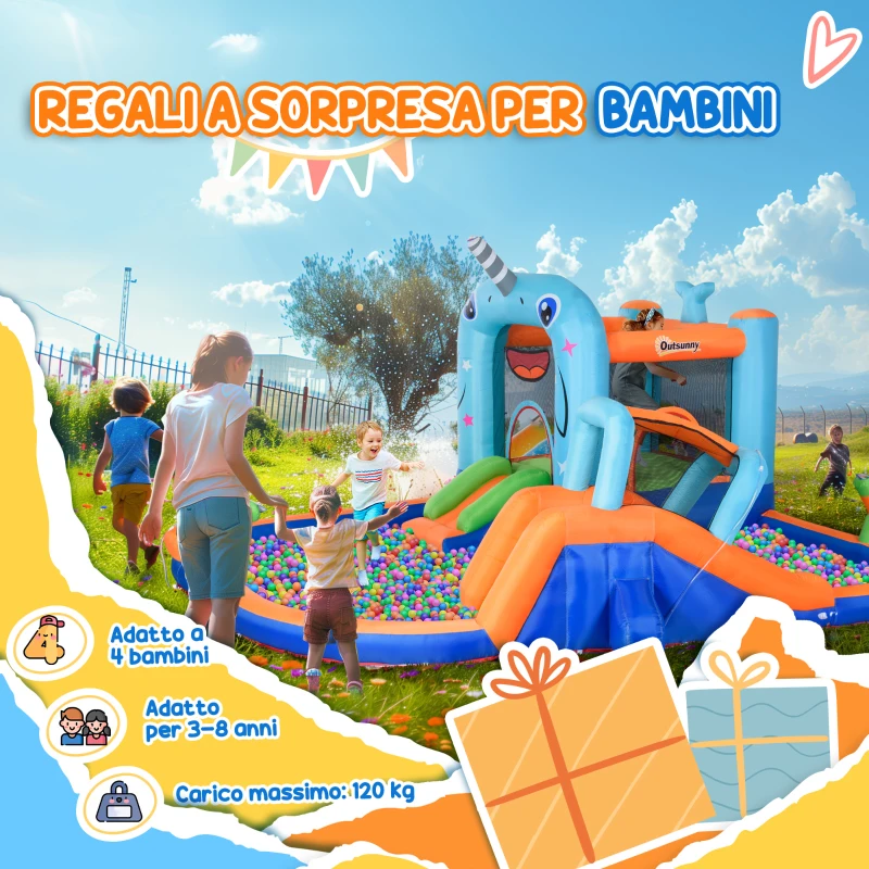 Outsunny Gioco Gonfiabile per Bambini 3-8 Anni con Borsa da Trasporto, 12 Paletti e Toppe Inclusi, 420x370x230 cm