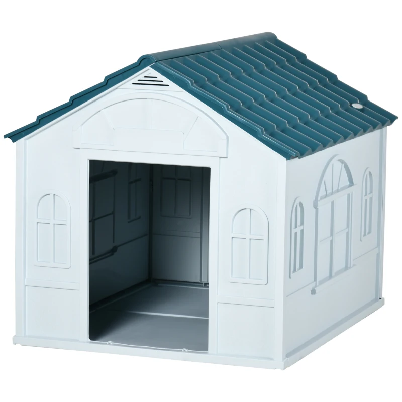 PawHut Plastic Weather-Resistant Dog House, for Indoors and Outdoors, Large Dogs - White and Blue